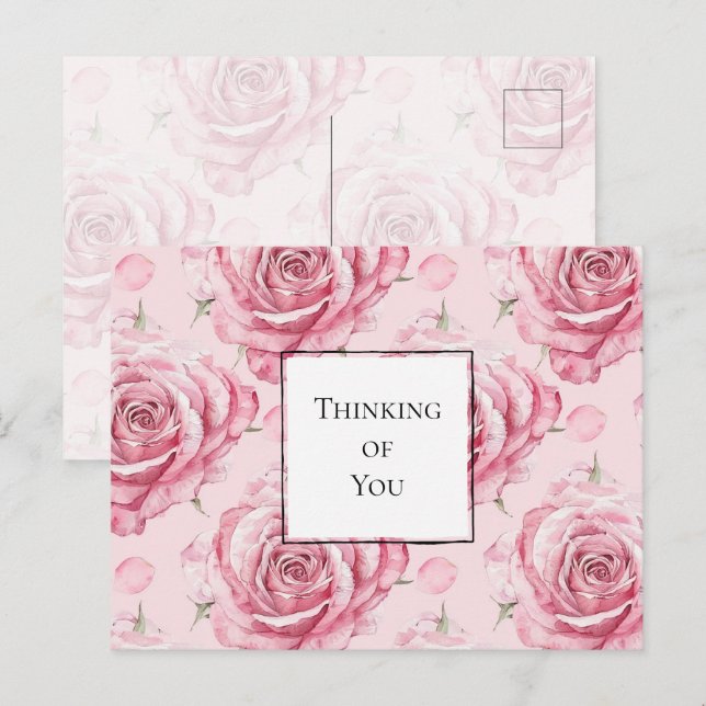 Vackra rosa rosor som tänker på dig vykort (Fram/baksida)