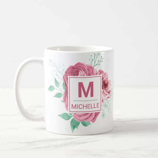 Vackra rosa trädgårdsrosor monogram kaffemugg (Vänster)