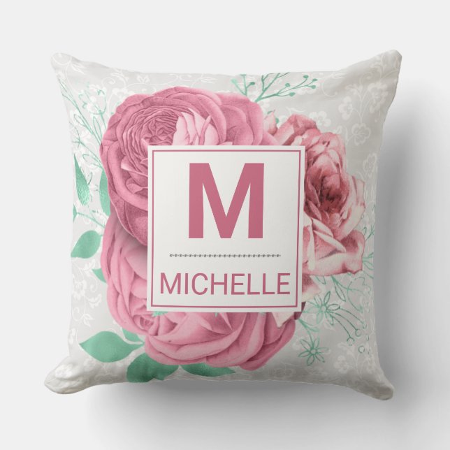 Vackra rosa trädgårdsrosor monogram kudde (Framsida)