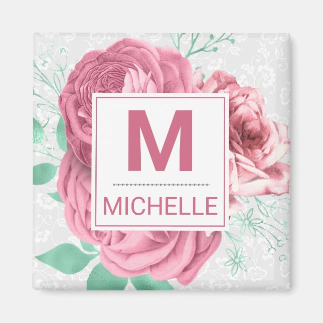 Vackra rosa trädgårdsrosor monogram magnet (Framsidan)