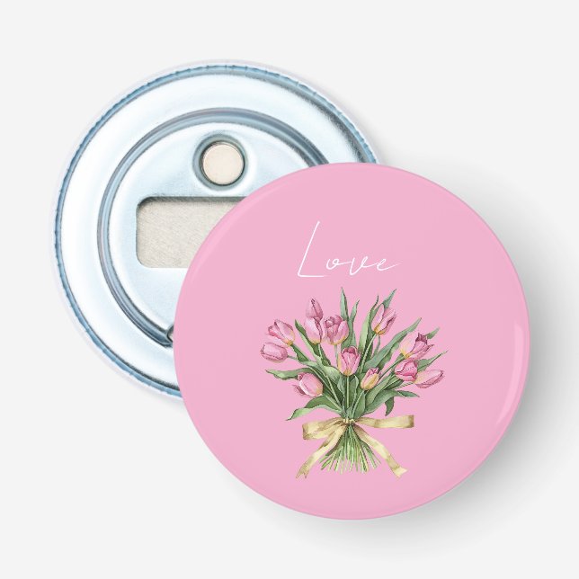 Vackra Rosa Tulpanblommor Guldslinga Kärlek Flasköppnare (Framsidan)