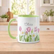 Vackra rosa tulpaner och vita narcissus kaffemug