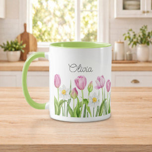 Vackra rosa tulpaner och vita narcissus kaffemug mugg