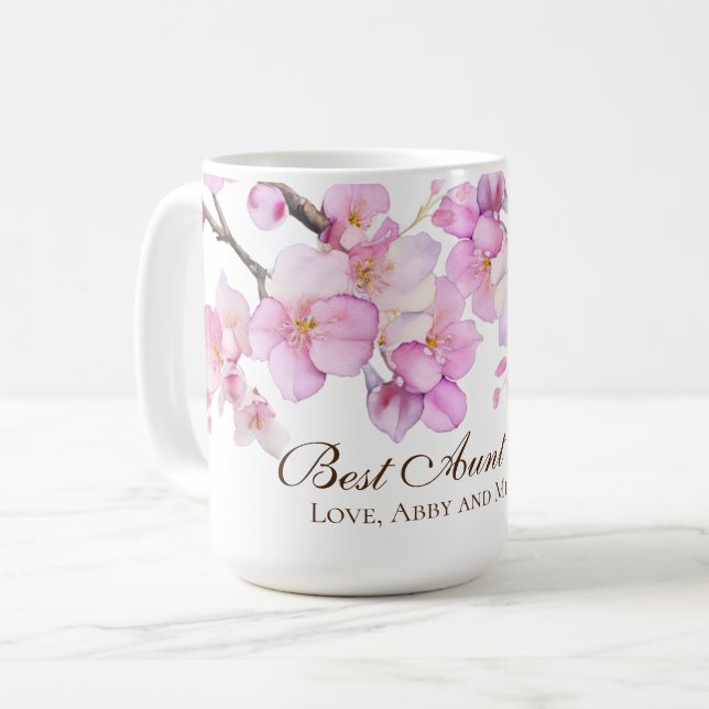 Vackra rosa vattenfärgskörsbär blommar Moster Kaffemugg (Framsida vänster)