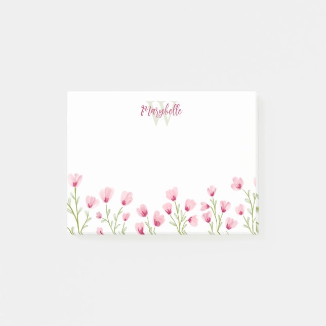 Vackra Rosa Vildblommor Feminint Monogram Post-it Block (Framsida)