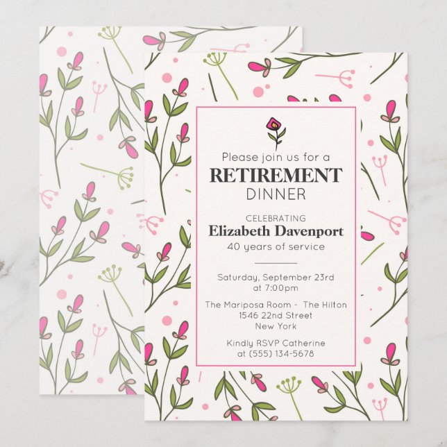 Vackra Rosa Vildblommor Pensionärsdinner Inbjudningar (Fram/baksida)