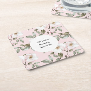 Vackra Rosa Vita Blommor Bröllopsdusch Underlägg Papper Kvadrat