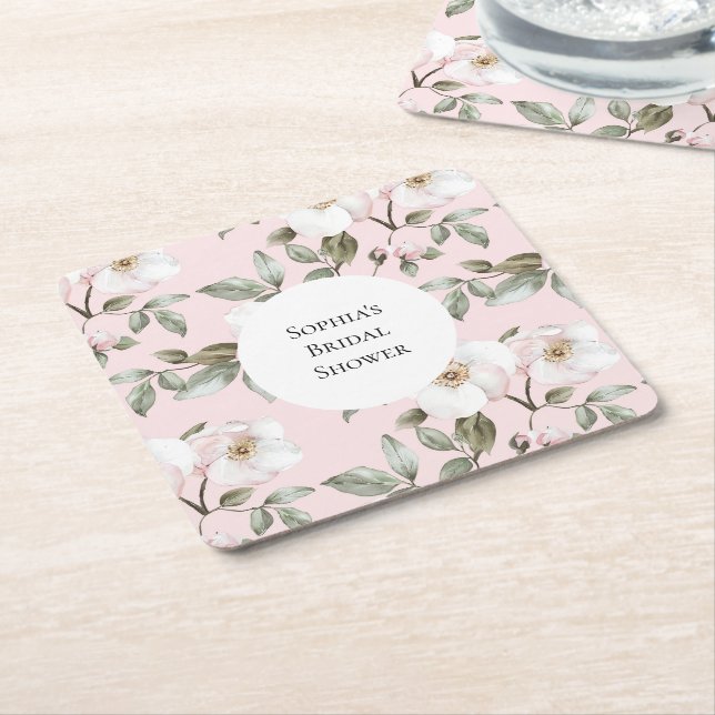 Vackra Rosa Vita Blommor Bröllopsdusch Underlägg Papper Kvadrat (Vinklad)