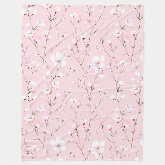 Vackra rosa vita blommor   fleecefilt (Framsidan)