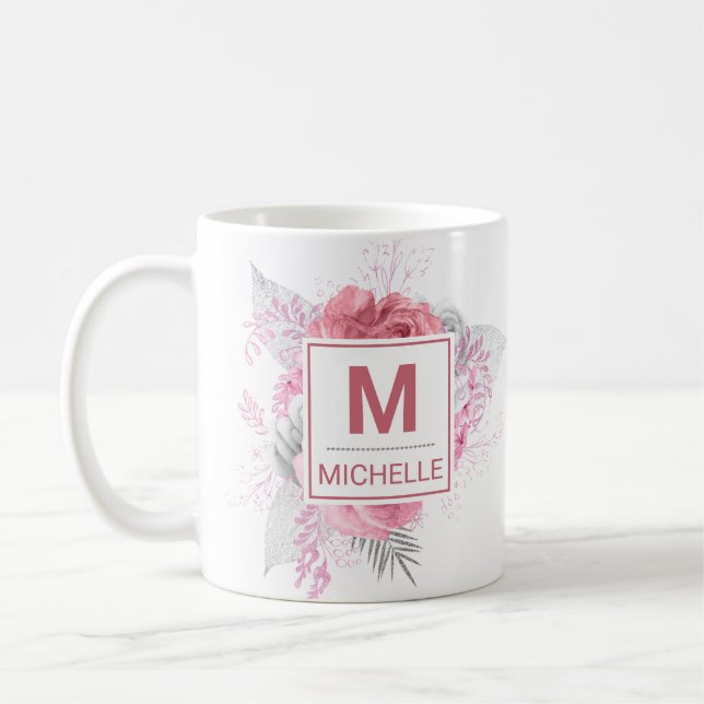 Vackra rosa, vita och silverfärgade blommor monogr kaffemugg (Vänster)