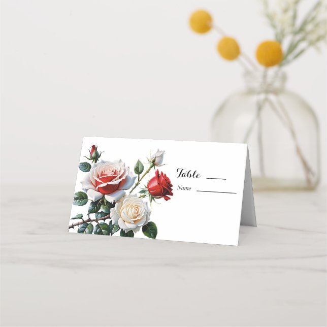 Vackra rosa vita röda rosor blommande bröllop  placeringskort (Framsida)