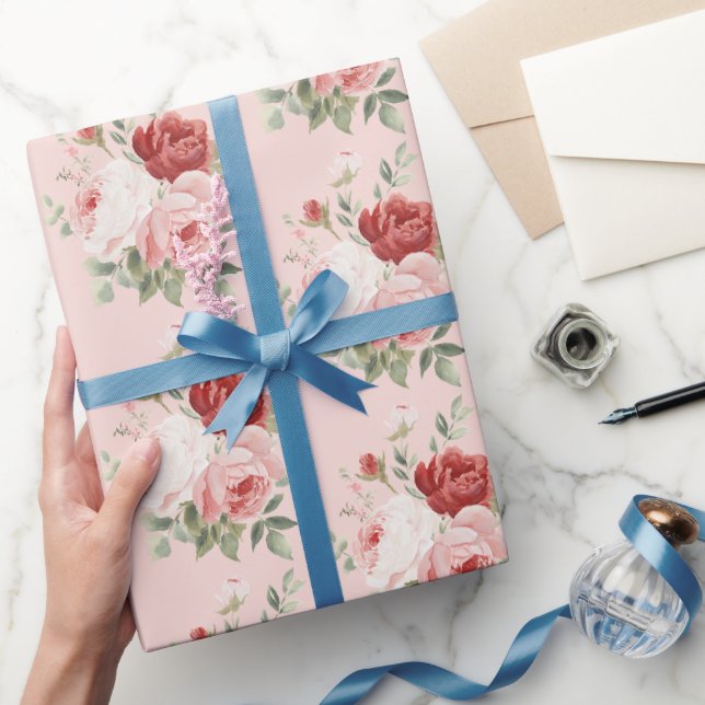 Vackra Rosa Vita Röda Rosor Blommig Bröllopsdusch Presentpapper (Gifting)