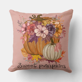 Vackra Rosa Watercolor Pumpkin och Fall Flowers Kudde