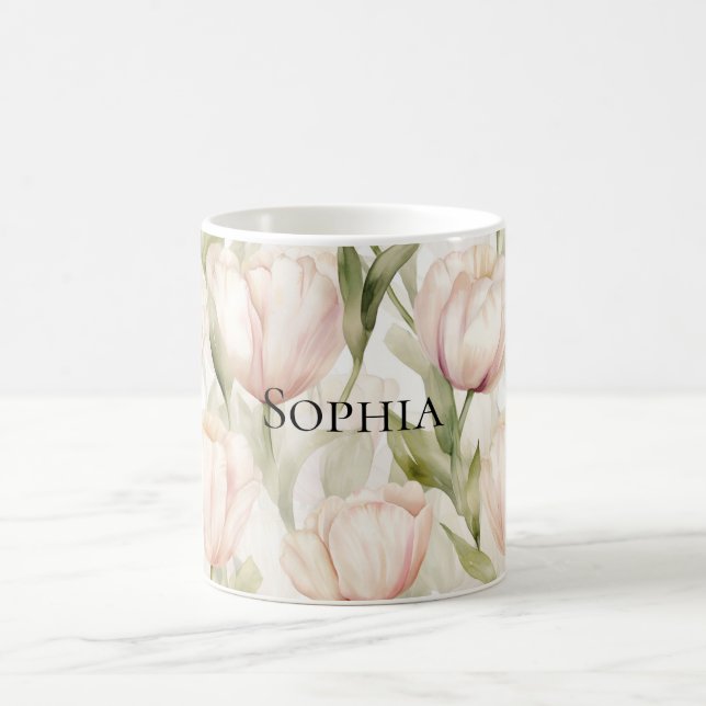 Vackra rosablommiga krämfärgade tulpaner blommig   kaffemugg (Center)
