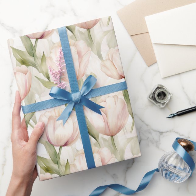 Vackra rosablommiga krämfärgade tulpaner bröllop presentpapper (Gifting)