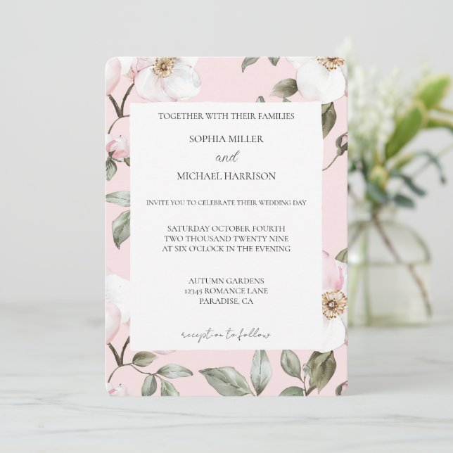 Vackra rosablommiga vita blommor bröllop inbjudningar (Stående Fram)