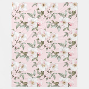 Vackra rosablommiga vita blommor fleecefilt