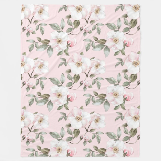 Vackra rosablommiga vita blommor   fleecefilt (Framsidan)