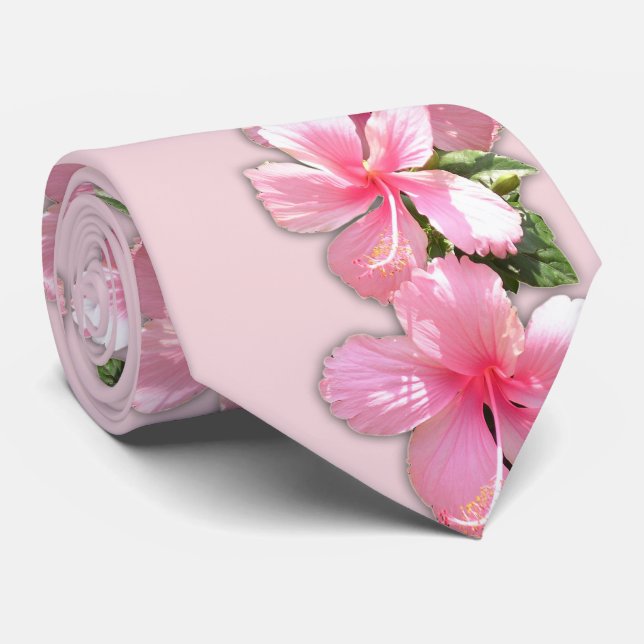 Vackra Rosan Hibiscus Blommor på Rosa Necktie Slips (Rullad)