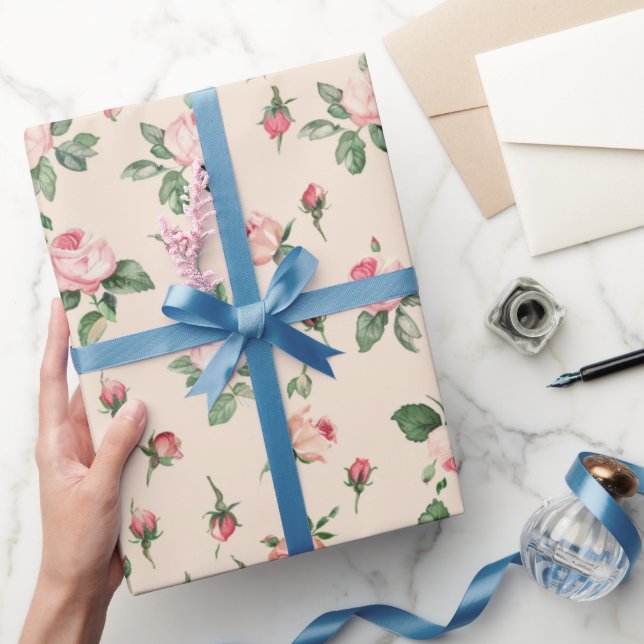Vackra Rosor Blommig Rosa Persika Crème Bröllopsdu Presentpapper (Gifting)