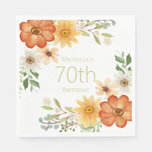 Vackra Rostgula Vita Blommor 70-årsdag  Pappersservett