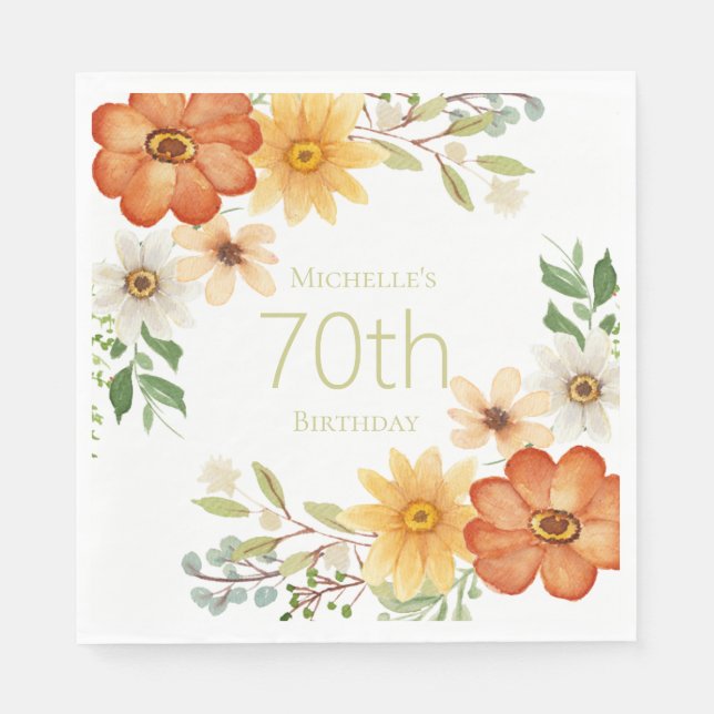 Vackra Rostgula Vita Blommor 70-årsdag  Pappersservett (Framsidan)