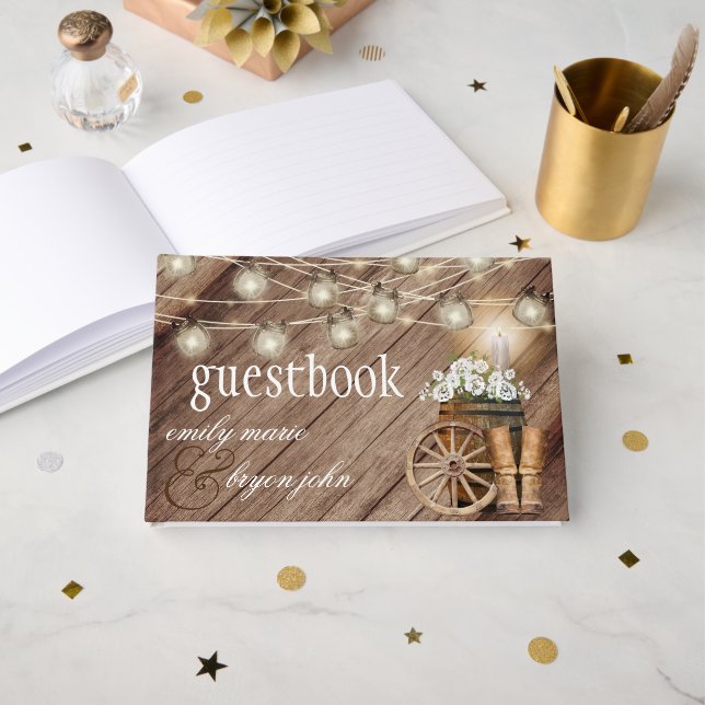 Vackra Rustic Wood Barrel med vit Blommigt Gästböcker (Framsida öppen)