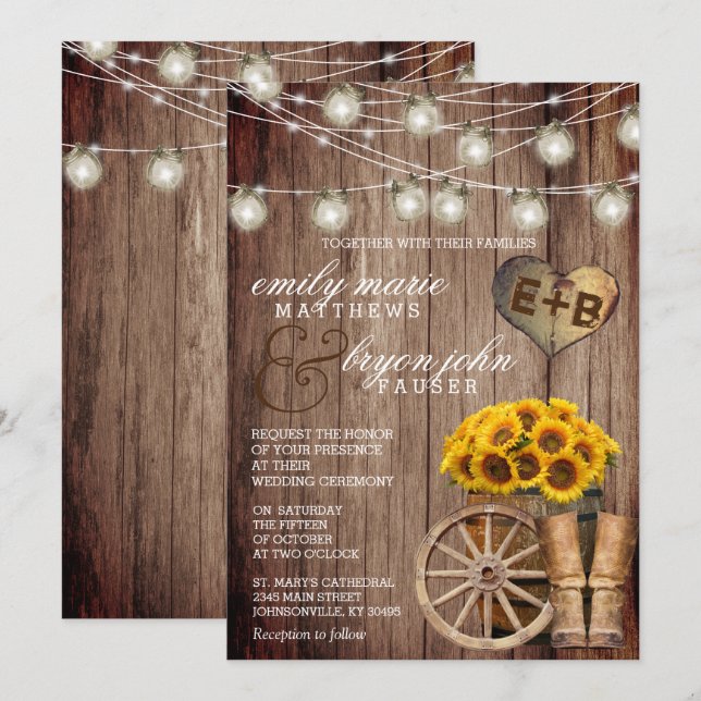 Vackra Rustic Wood Barrel och solblommor Inbjudningar (Fram/baksida)