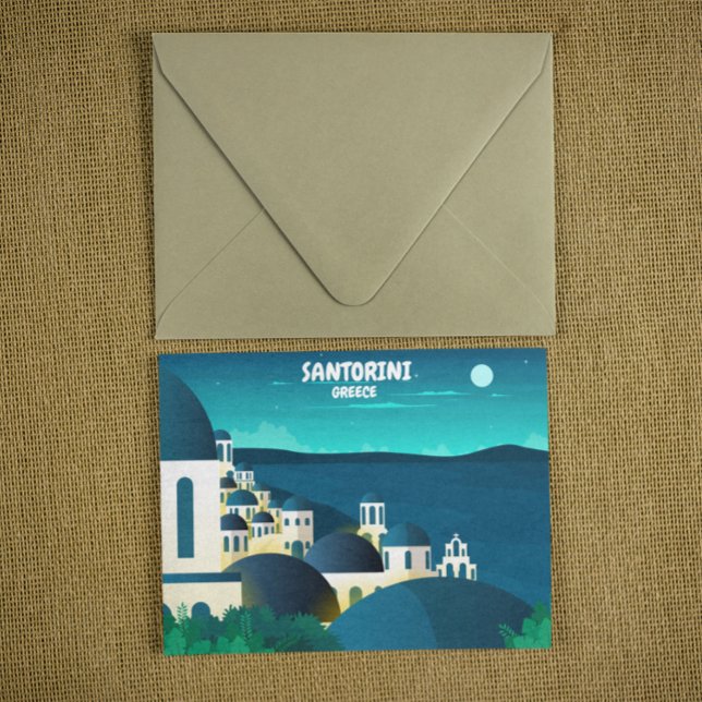 Vackra Santorini i NattGrekland Vykort (Stylish Santorini Greek Island Postcard)