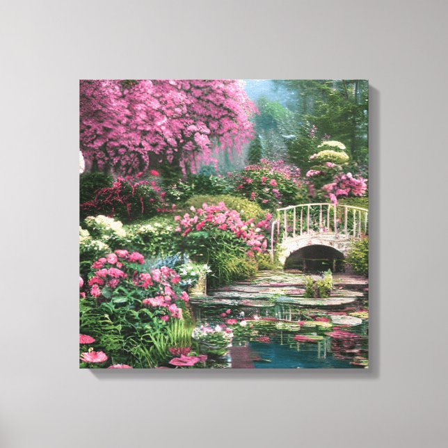 Vackra Shabby chic Flowers med Pond och Bridge Canvastryck (Framsida)
