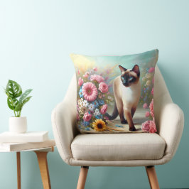 Vackra siamesiska katt och blommor kudde
