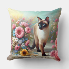 Vackra siamesiska katt och blommor kudde