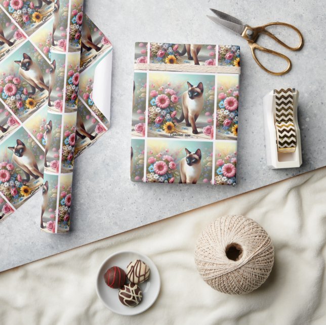 Vackra siamesiska katt och blommor presentpapper (Hantverk)