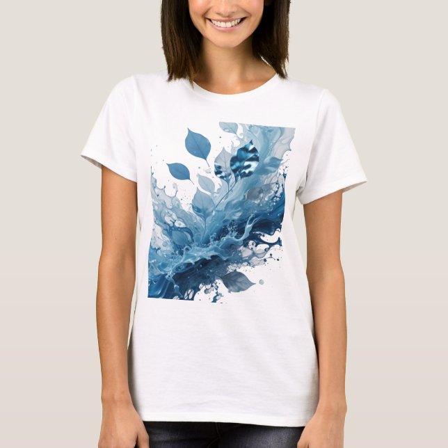 Vackra silver BLÅA BLAD OCH VATTENSPLASHAR T Shirt (Framsida)