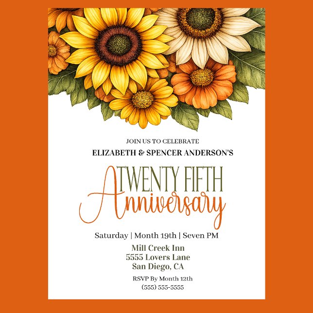 Vackra solrosor 25-årsjubileum  inbjudningar (Pretty Sunflowers 25th Wedding Anniversary Party Invitation.)