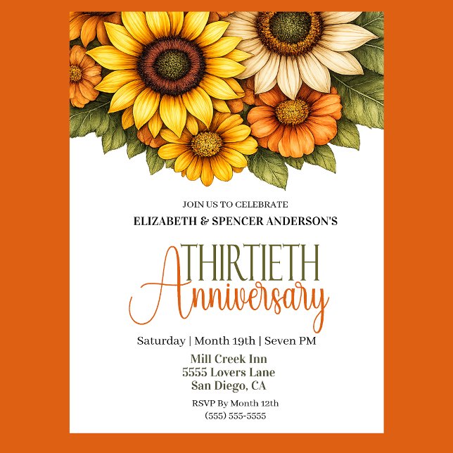 Vackra solrosor 30-årsjubileum  inbjudningar (Pretty Sunflowers 30th Wedding Anniversary Party Invitation.)
