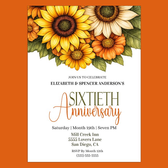 Vackra solrosor 60-årsjubileum  inbjudningar (Pretty Sunflower 60th Wedding Anniversary Party Invitation.)