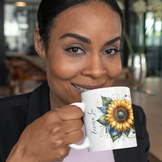 Vackra solrosor och Denim Monogrammed Kaffemugg (Skapare uppladdad)