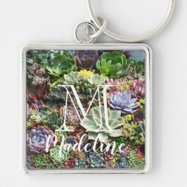 Vackra Succulents Fyrkantig Silverfärgad Nyckelring