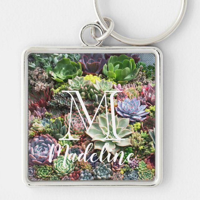Vackra Succulents Fyrkantig Silverfärgad Nyckelring (Framsidan)