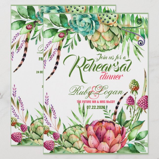 Vackra Succules-serverkort för Bröllop Rehearsal Inbjudningar (Fram/baksida)