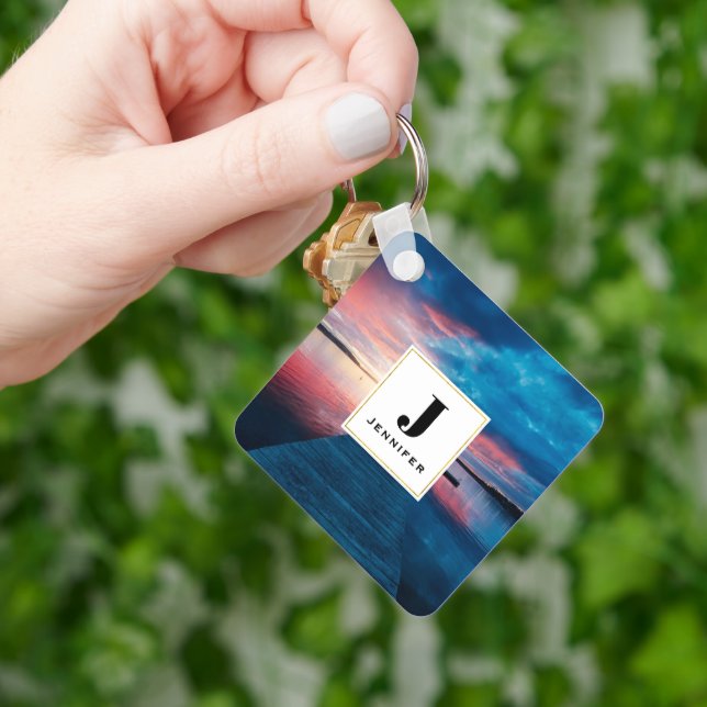 Vackra Sunset på Lugn Sjö Monogram Nyckelring (Hand)