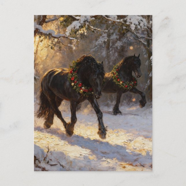 Vackra svarta hästar vinter skog jul vykort (Framsida)