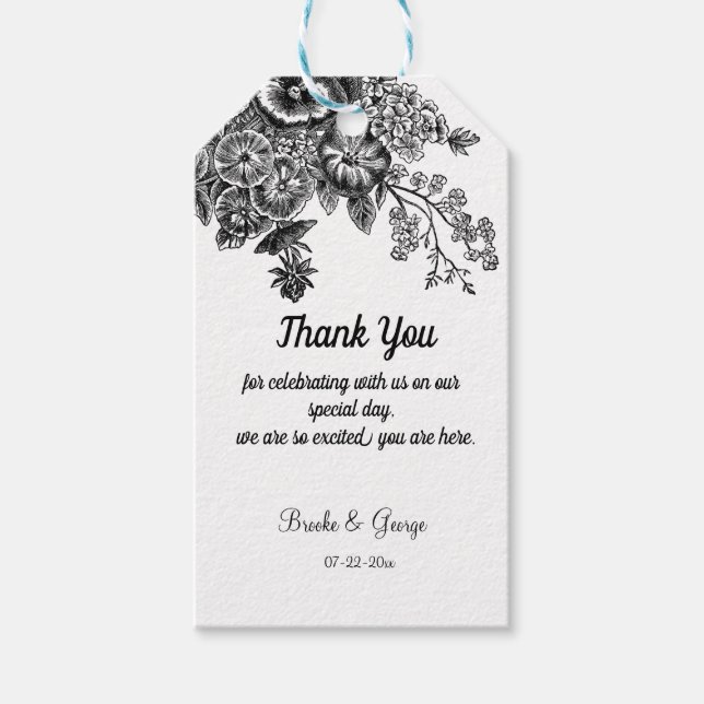 Vackra svarta och Grått Flowers Bröllop Presentetikett (Framsidan)