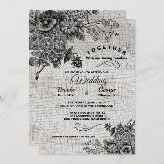 Vackra svarta och Grått konstblommor Bröllop Inbjudningar (Fram/baksida)