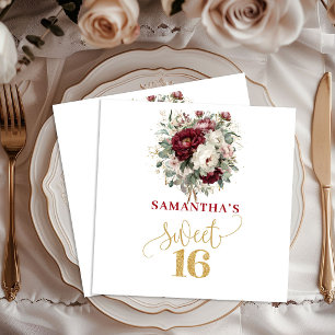 Vackra Sweet 16 Rosaburgunder Blommiga Servetter