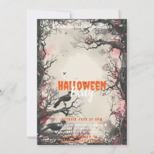 Vackra Träd Svarta Fåglar Halloweenfest Inbjudningar