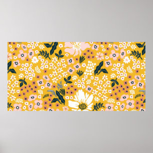 Vackra trädgårdsblommor på gultens bakgrund. Sjöfa Poster