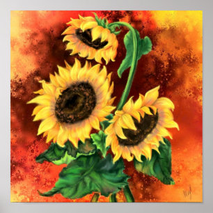 Vackra tre solblommor - präglad konsmålning poster