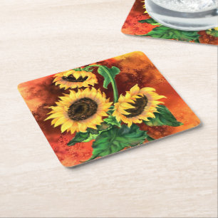 Vackra tre solblommor - präglad konsmålning underlägg papper kvadrat